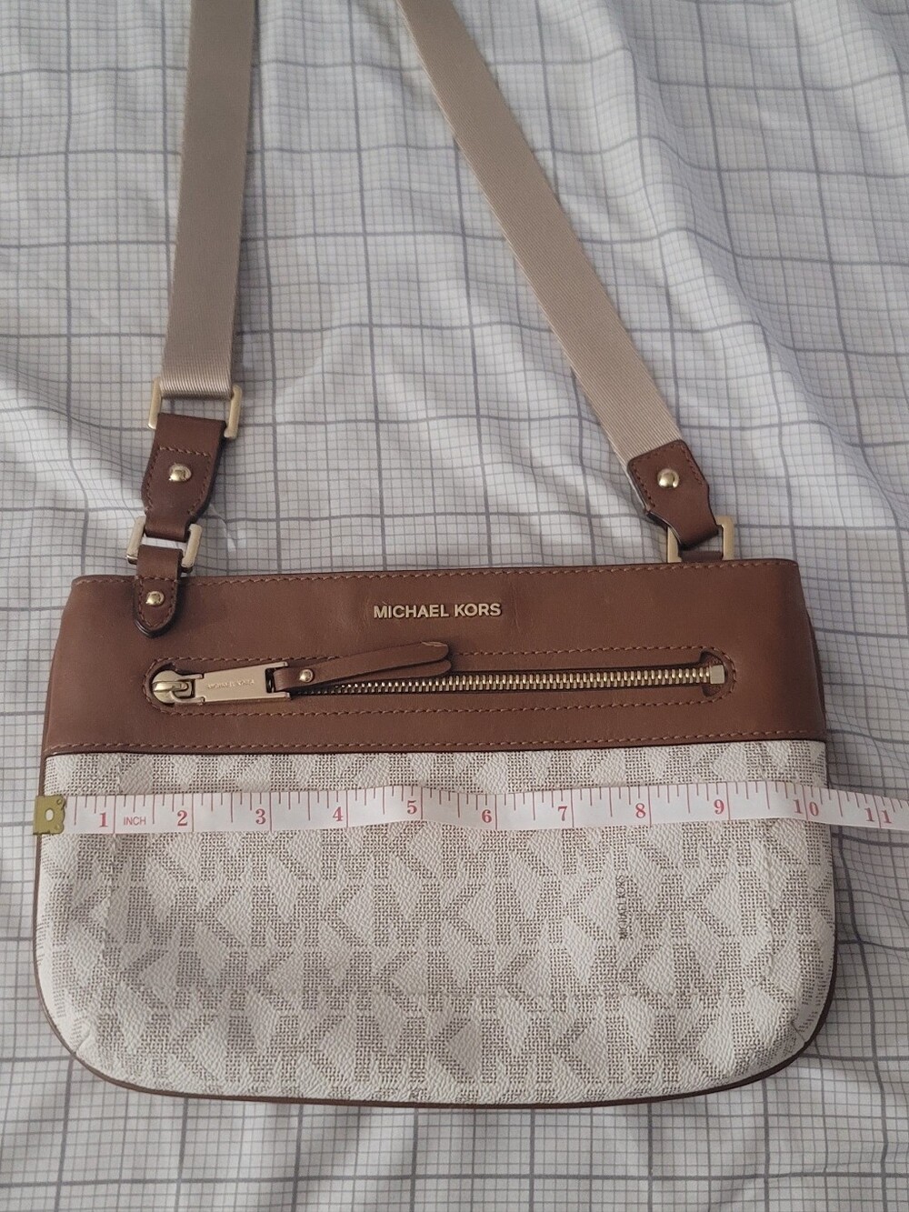 Michael Kors Brown Leather & Cream MK Logo Crossbody